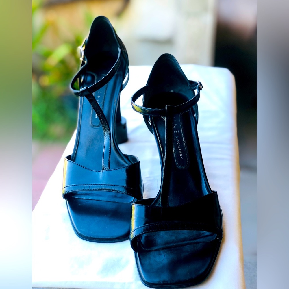 Nine & Company, Black Leather Retro/Vintage High Heel sandal, Size 8, 3in. heel